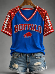 Women's Football Lover Buffalo Print Casual V-Neck Tee