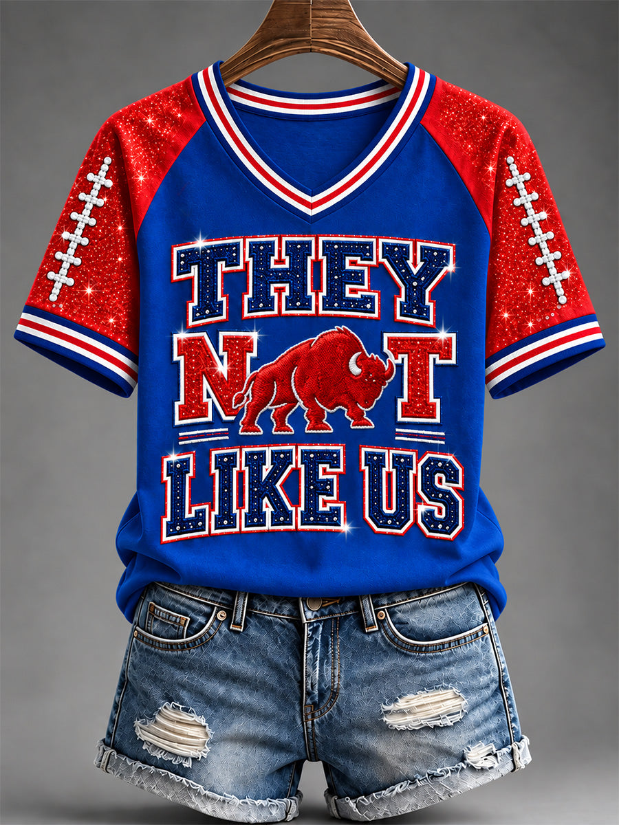 Women's Football Lover Buffalo Print Casual V-Neck Tee