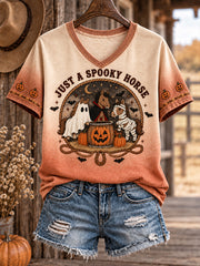 Women's Western Halloween Art Horses Cows Printed T-shirt