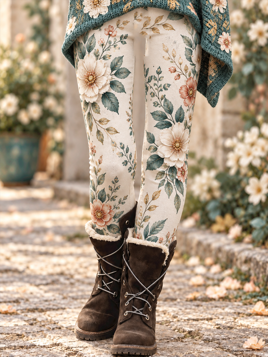 Women's Fall/Winter Floral Art Prtinted Velvet Leggings