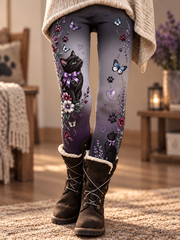Women's Fall/Winter Cat Art Prtinted Velvet Leggings
