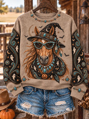Women's Western Halloween Horses Art Printed Sweatshirt