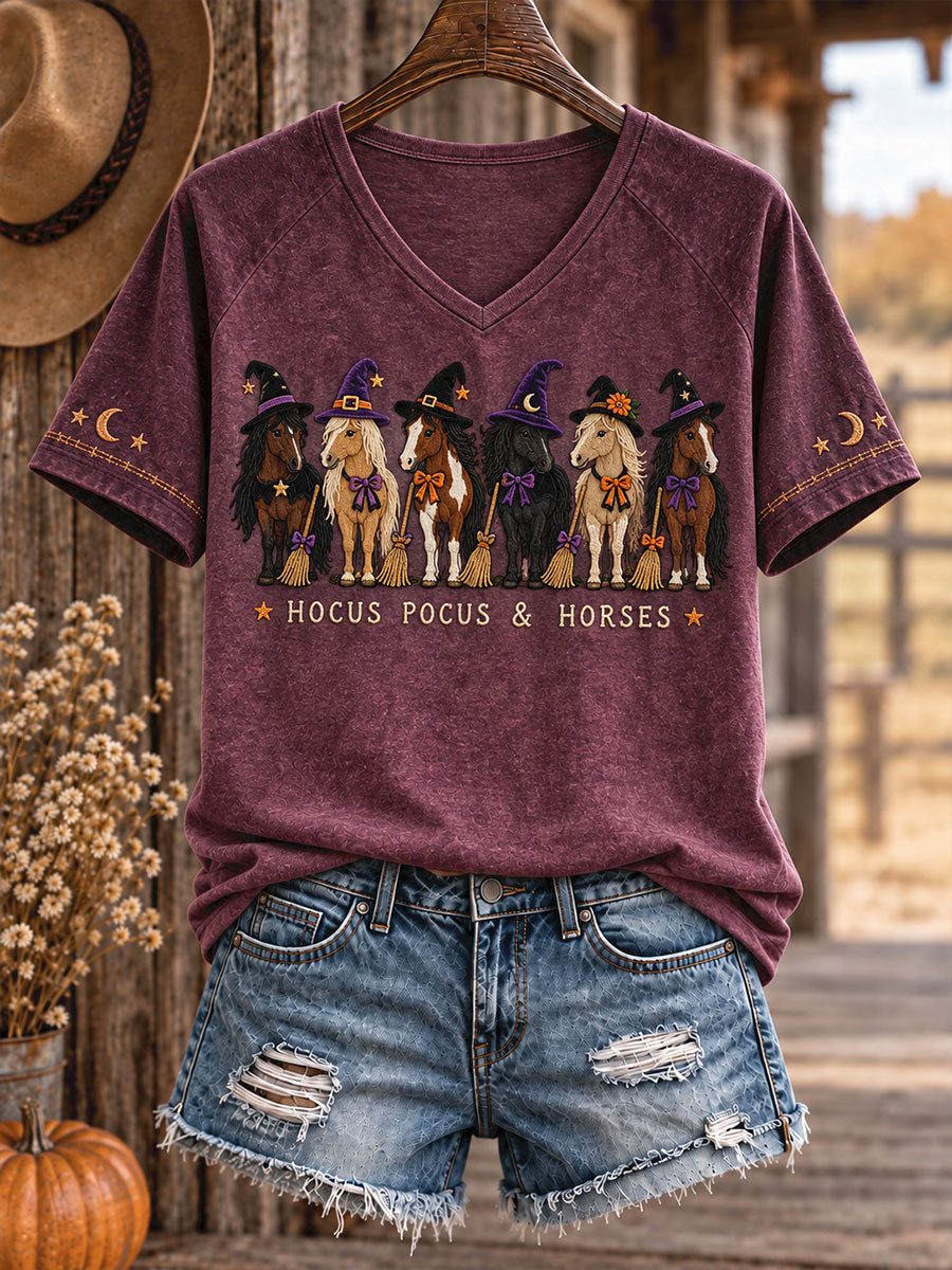 Women's Western Halloween Horses Art Printed T-shirt