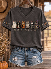 Women's Western Halloween Cats Art Printed T-shirt