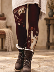Women's Fall/Winter Animal Paws Floral Art Printed Leggings