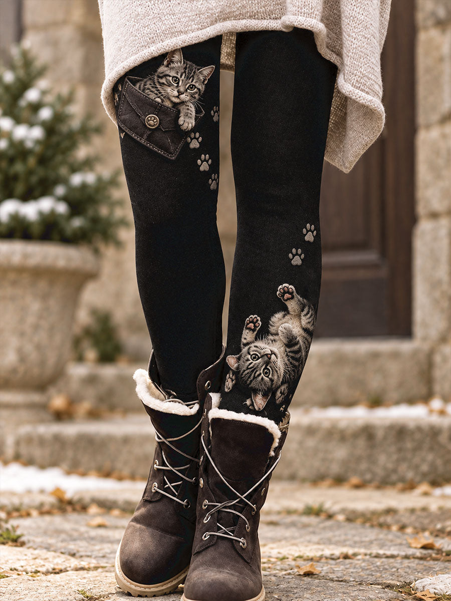 Women's Fall/Winter Animal Paws Floral Art Printed Leggings