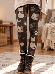 Women's Fall/Winter Cat Art Printed Velvet Leggings