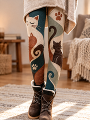 Women's Fall/Winter Cat Art Printed Velvet Leggings