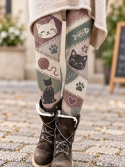 Women's Fall/Winter Cat Art Printed Velvet Leggings