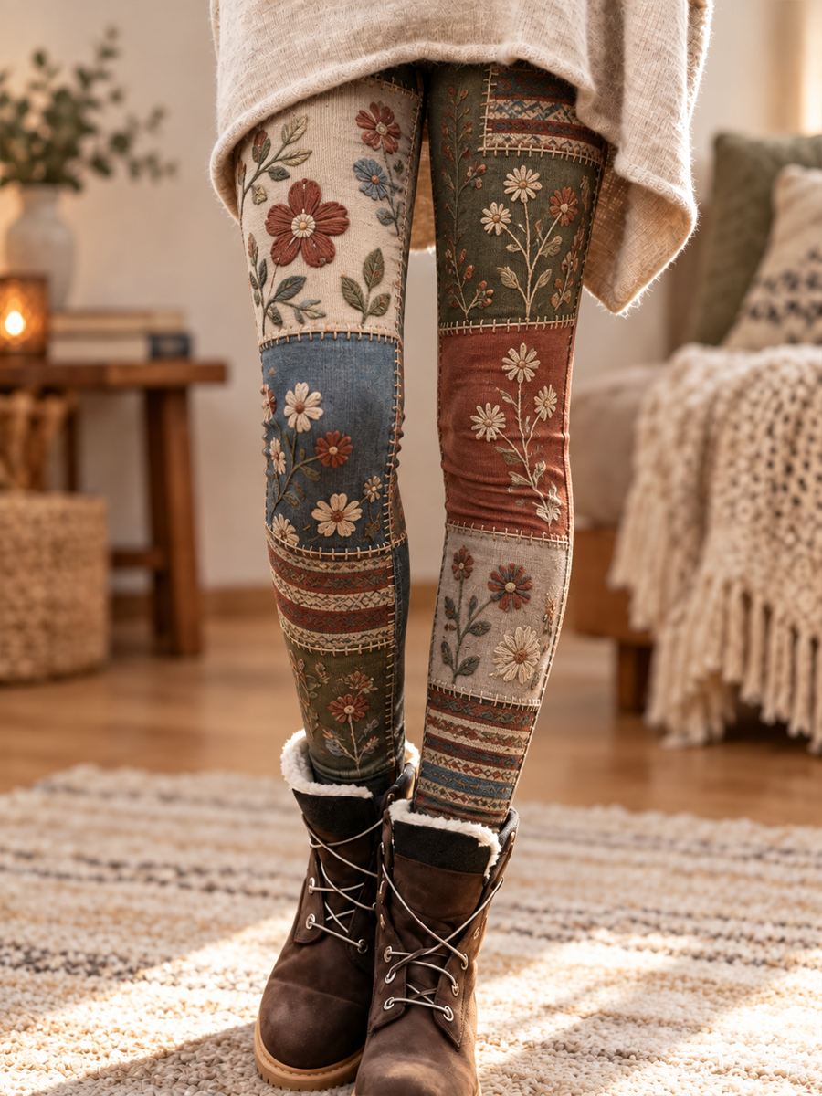 Women's Fall/Winter Floral Art Printed Velvet Leggings