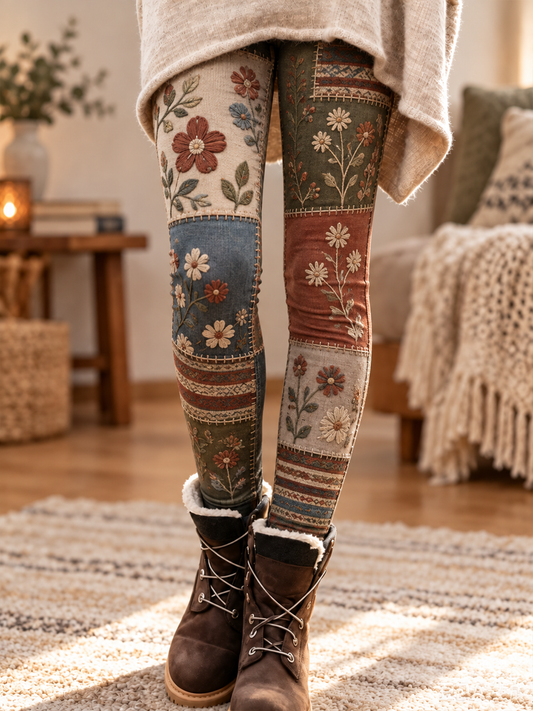 Women's Fall/Winter Floral Art Printed Velvet Leggings