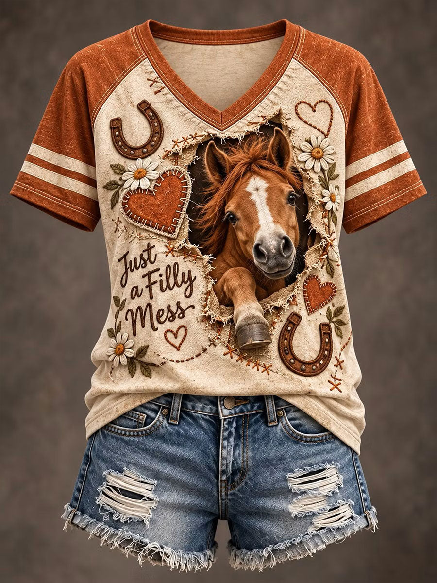 Women's Western Horse Print V-neck  T-shirt