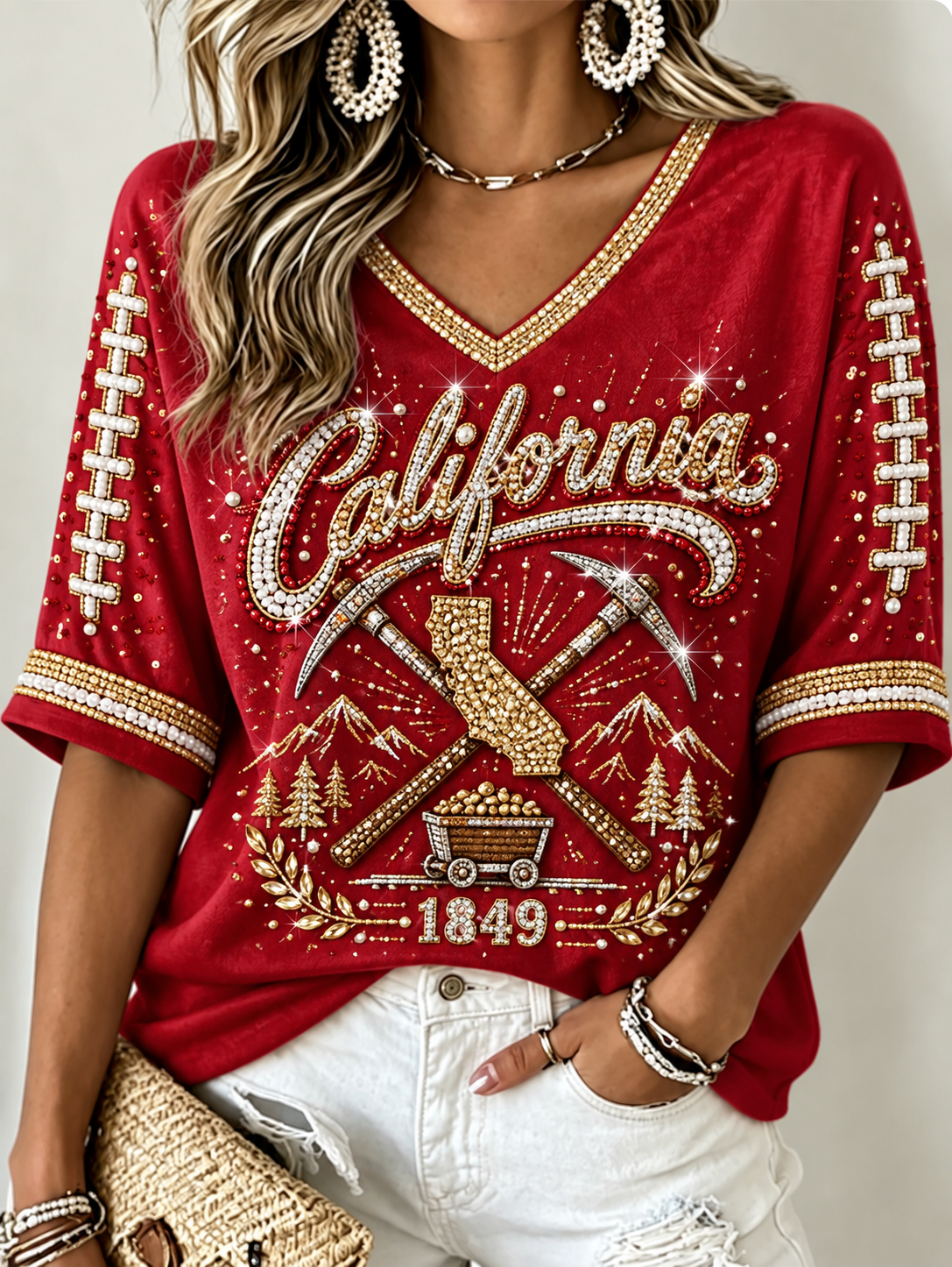 Women's Mid-length Sleeves V-Neck T-Shirt