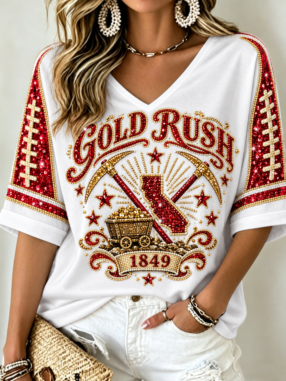 Women's Mid-length Sleeves V-Neck T-Shirt