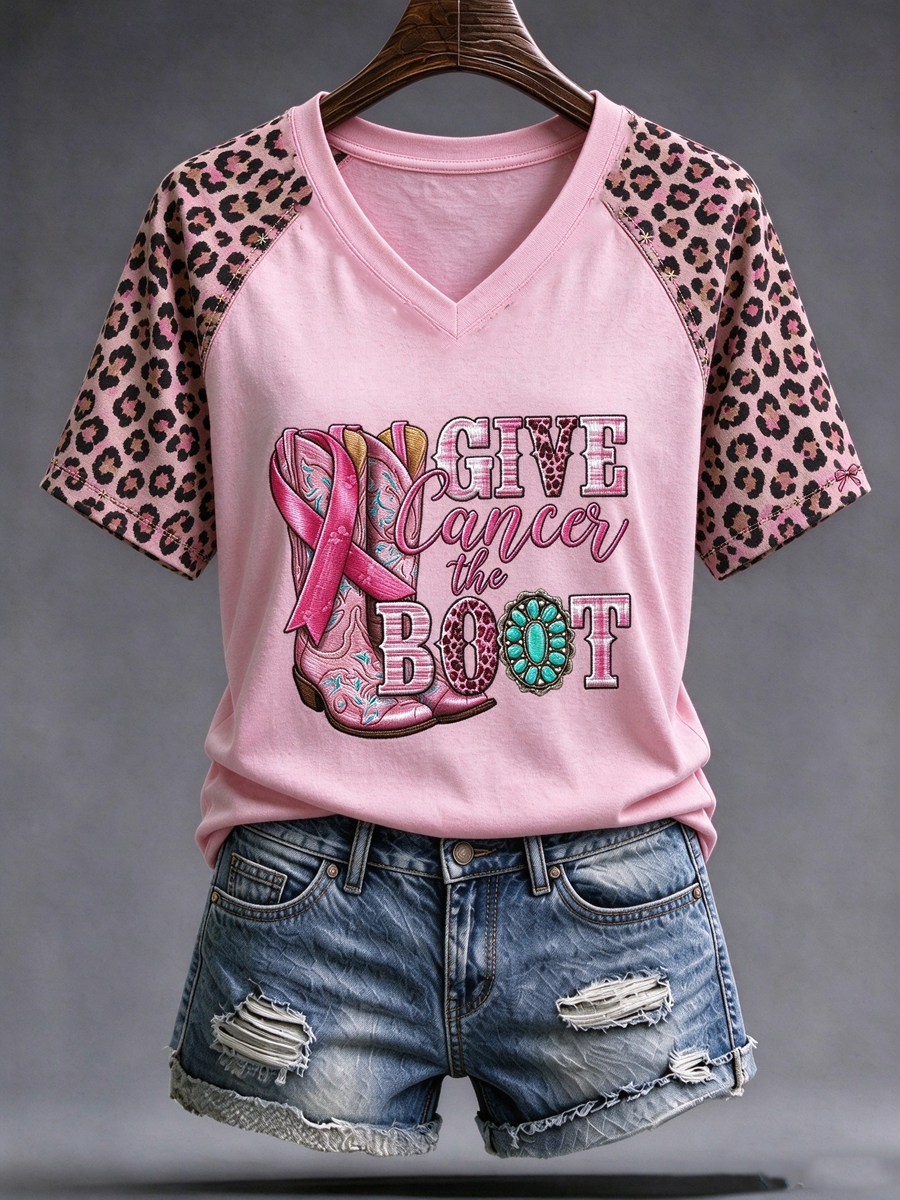 Women's Western-style breast cancer Printed V-neck off-shoulder short-sleeved T-shirt