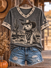 Women's Retro Westren Style Dogs Lover Art Printed T-shirt