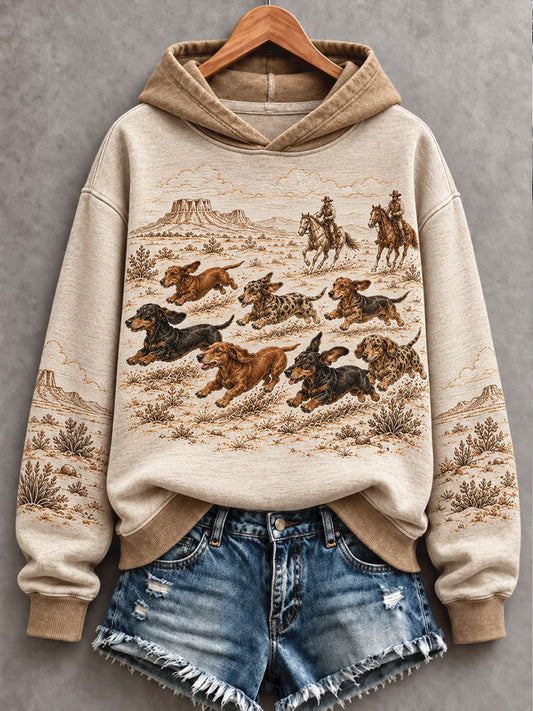 Women's Retro Westren Style Dogs Lover Art Printed Hoodie