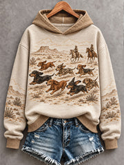 Women's Retro Westren Style Dogs Lover Art Printed Hoodie