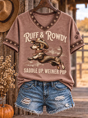 Women's Retro Westren Style Dogs Lover Art Printed T-shirt