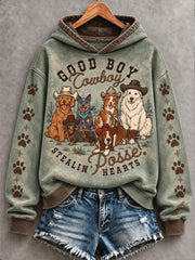 Women's Retro Westren Style Dogs Lover Art Printed Hoodie