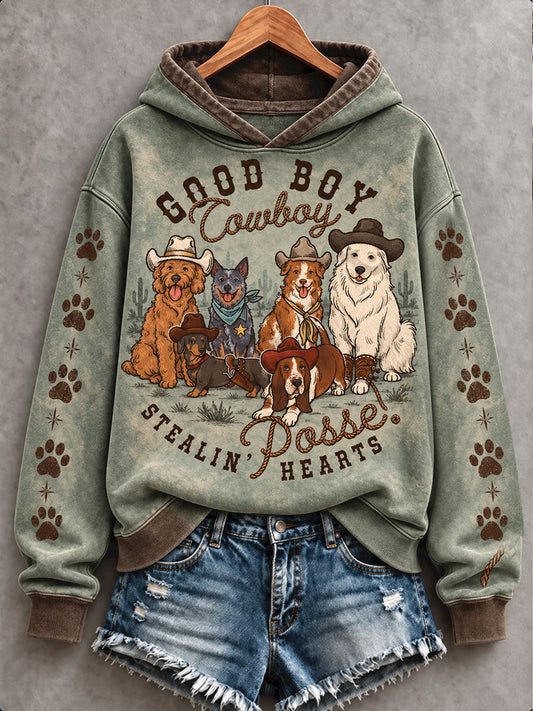 Women's Retro Westren Style Dogs Lover Art Printed Hoodie