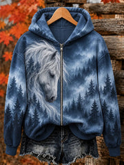 Women's Forest Horse Print Zip-Up Hoodie