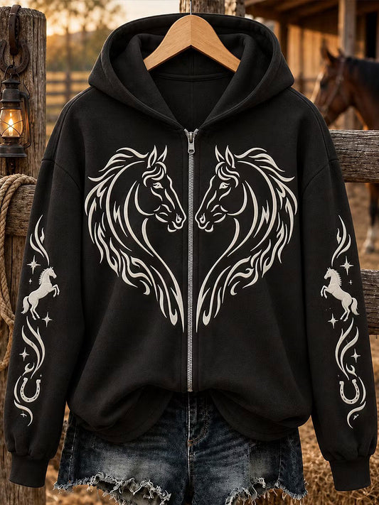 Women's Simple Line Drawing Horse Print Zip-Up Hoodie