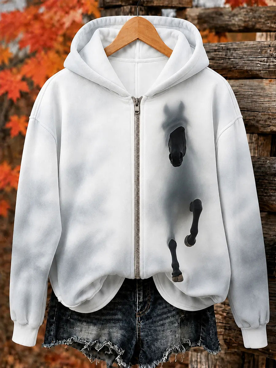 Women's Horse Print Zip-Up Hoodie
