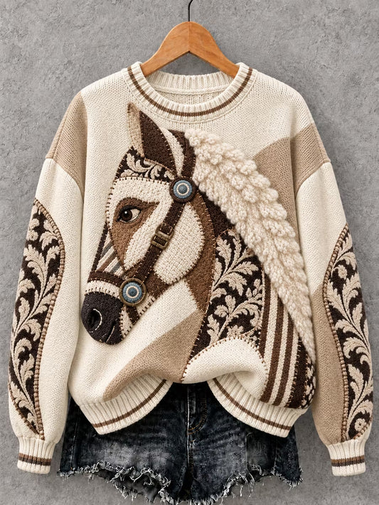 Women's Vintage Horse Art Print Crew Neck Sweater