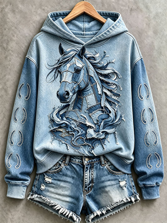 Women's Denim Patchwork Horse Print Regular Sweatshirt