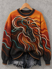 Women's Vintage Horse Art Print Crew Neck Sweater