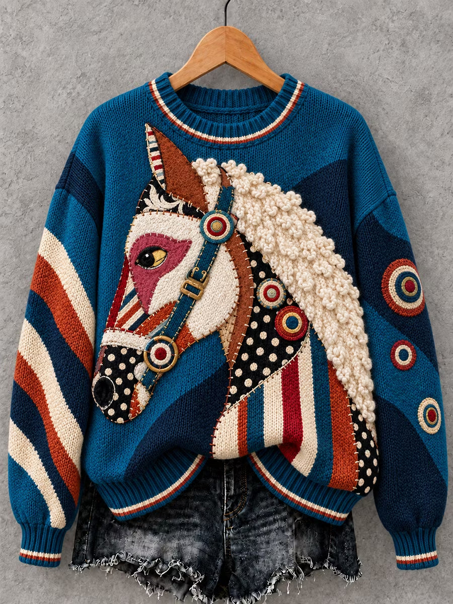 Women's Vintage Horse Art Print Crew Neck Sweater
