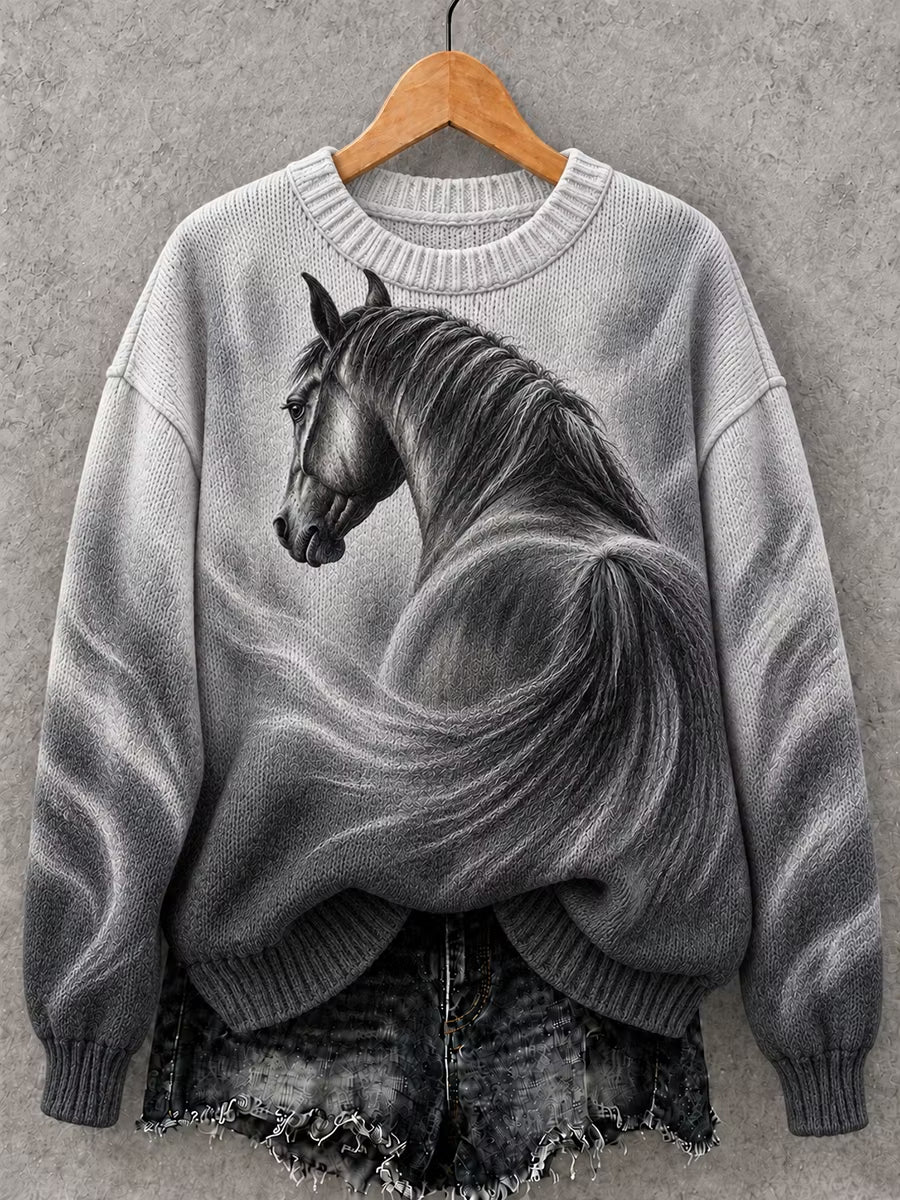 Women's Vintage Horse Art Print Crew Neck Sweater