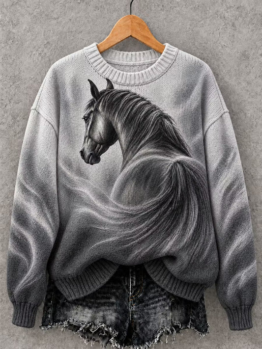 Women's Vintage Horse Art Print Crew Neck Sweater