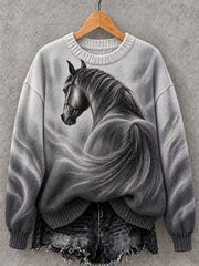 Women's Vintage Horse Art Print Crew Neck Sweater