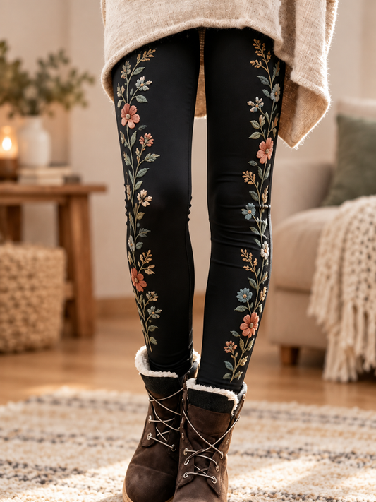 Women's Fall/Winter Floral Art Printed Velvet Leggings