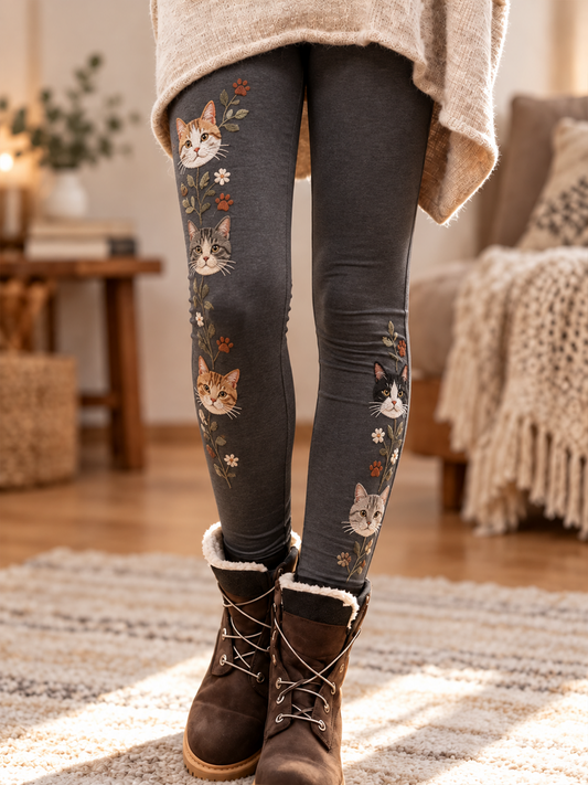 Women's Fall/Winter Cat Printed Velvet Leggings