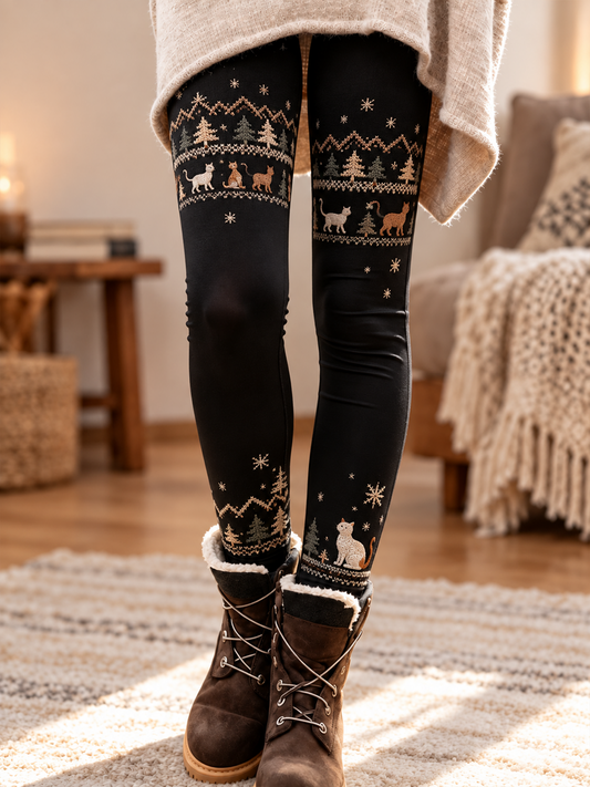 Women's Fall/Winter Cat Printed Velvet Leggings