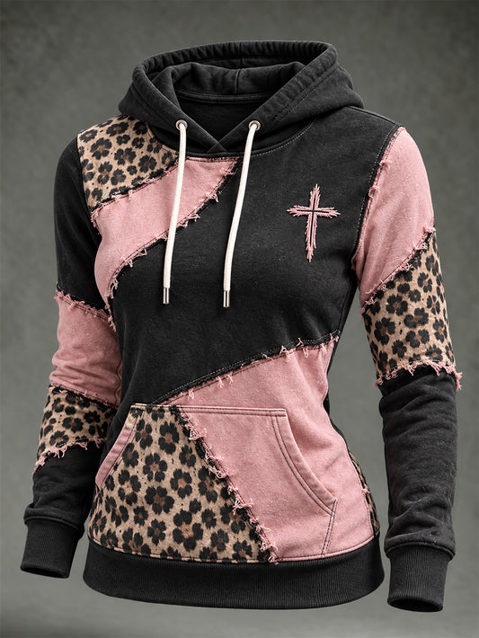 Women's Vintage Leopard Print Element Block Patchwork Design Print Casual Hoodie
