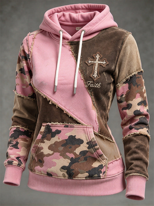 Women's Faith-Themed Color Block Patchwork Design Casual Hoodie
