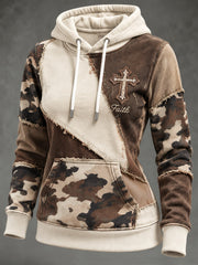 Women's Faith-Themed Color Block Patchwork Design Casual Hoodie
