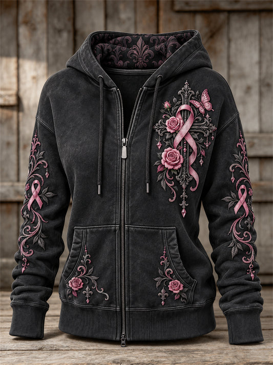 Women's Vintage Pink Ribbon Gothic Cross & Butterflies Roses Floral Print Full Zip Hoodie