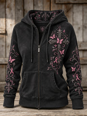 Women's Vintage Pink Ribbon Gothic Cross & Butterflies Print Full Zip Hoodie