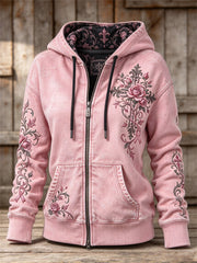 Women's Vintage Pink Ribbon Gothic Cross Roses Floral Art Print Full Zip Hoodie