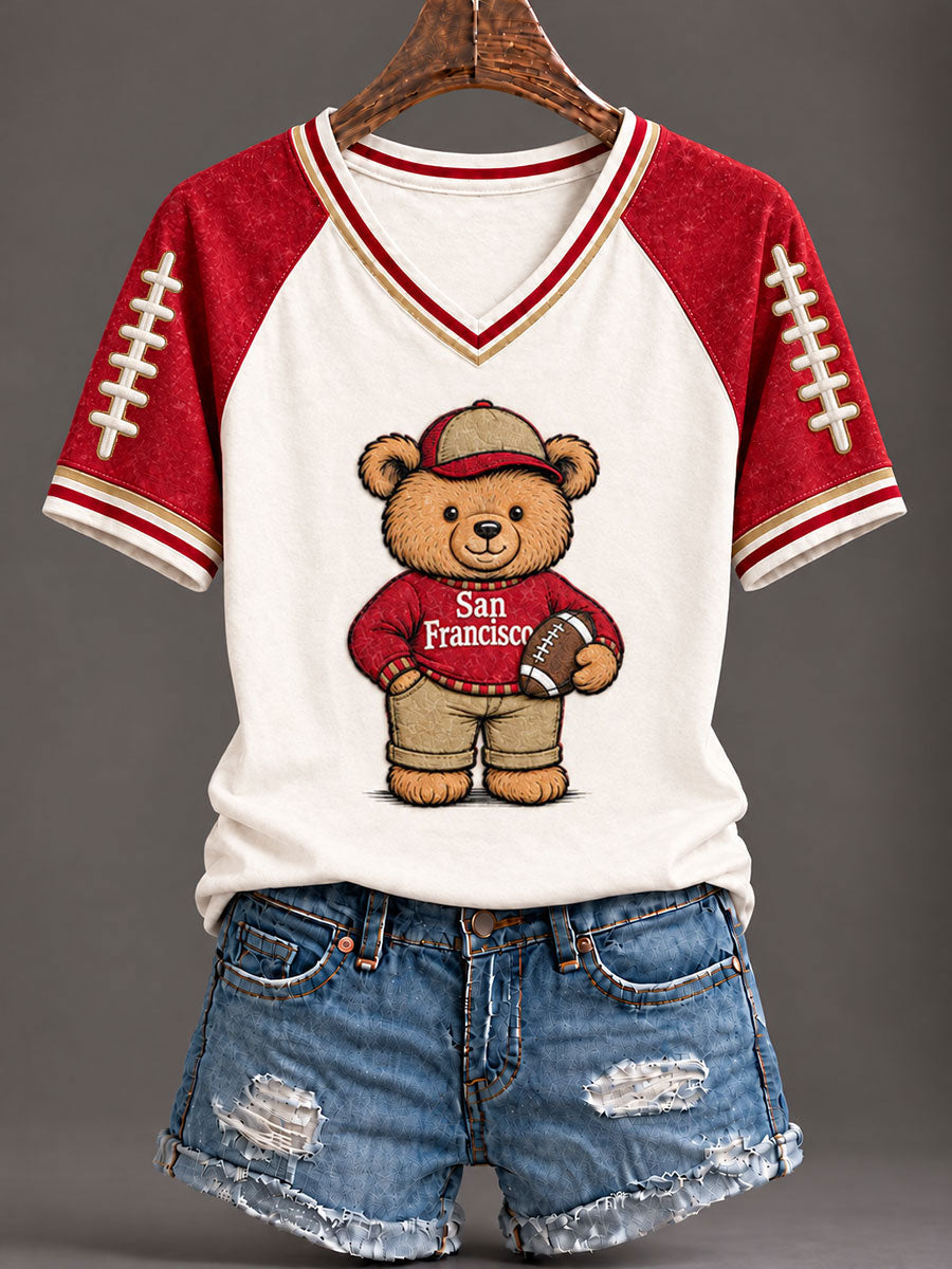 Women's Football Gameday Gift For Football Fans V-Neck Off-Shoulder Short-Sleeved T-Shirt
