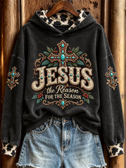 Women's Jesus the Reason for the Season Christmas Western Cross Print Hoodie