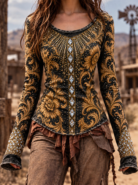 Women's Vintage Western Style Long Sleeve Top