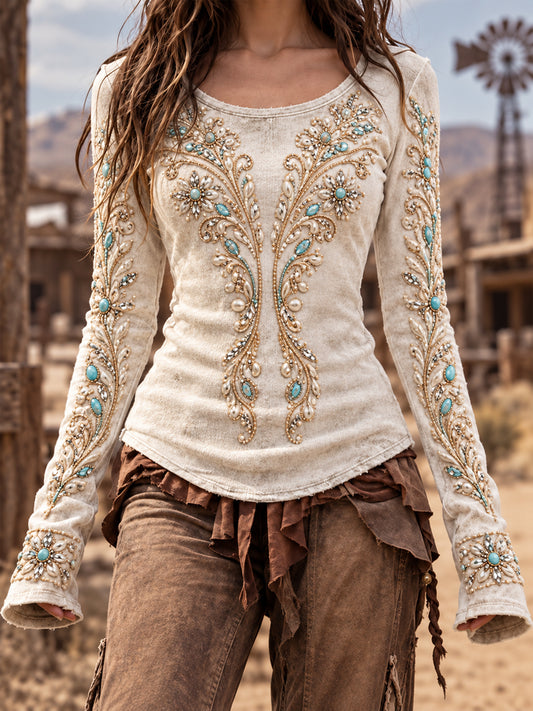 Women's Vintage Western Style Long Sleeve Top
