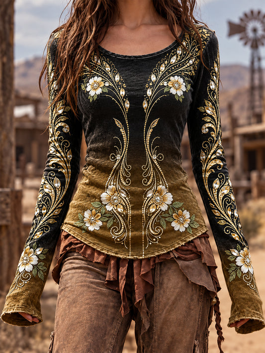 Women's Vintage Western Style Long Sleeve Top