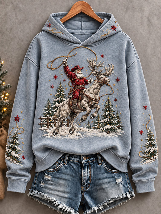 Women's Vintage Western Style Christmas Art Printed Hoodie